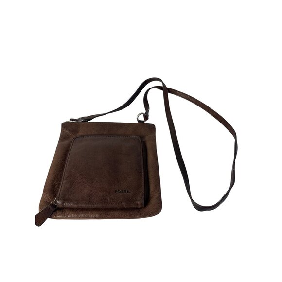 Fossil Brown Leather Crossbody Bag With Adjustable Strap Front Zip Pocket - Picture 1 of 5